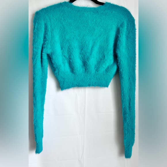 NWT ZARA Faux Fur Crop Sweater Cardigan- Teal - Picture 5 of 11